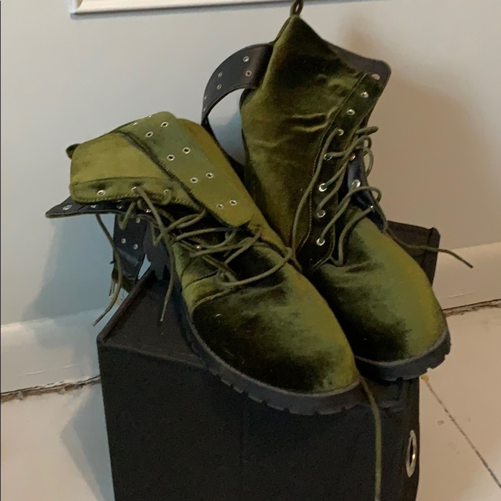 Green Velvet Combat Boots